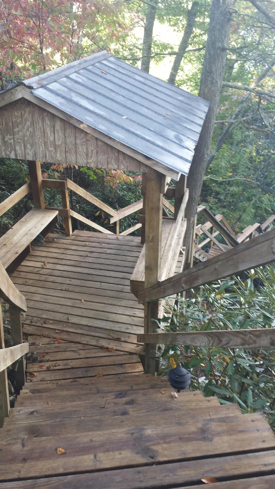 Metal roofed shelter over wooden steps on a wooded walkway — Skylight Repair & Installation work by our crew in Mendota